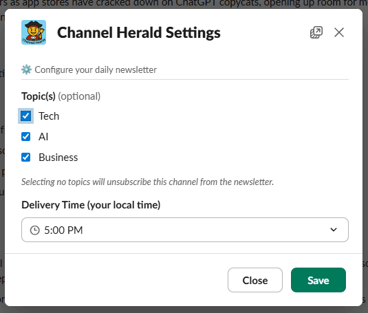 The Channel Herald settings panel, with topics and delivery time