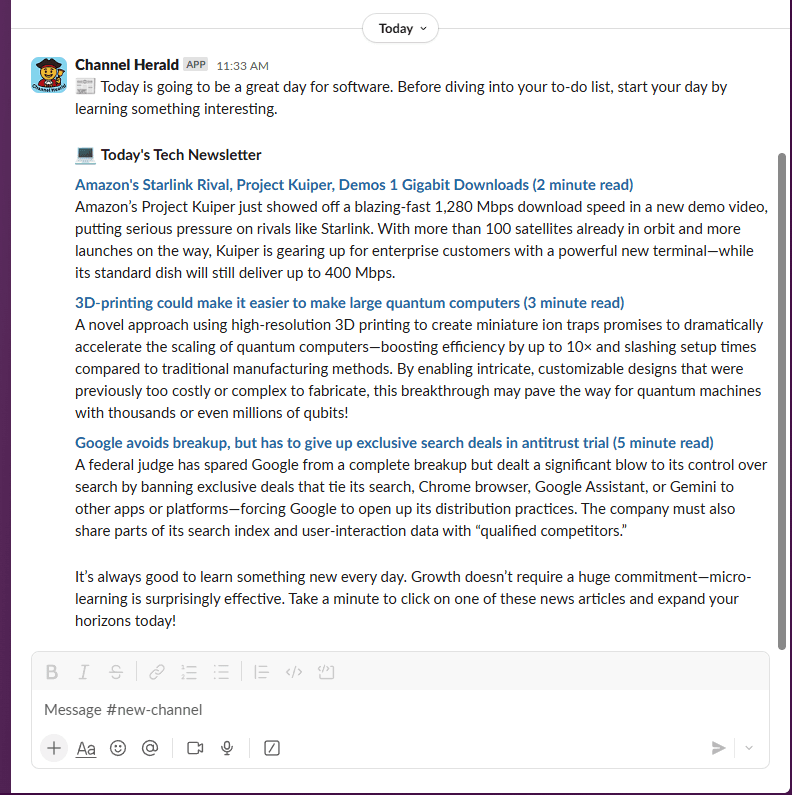 A Channel Herald daily digest posted in a Slack channel